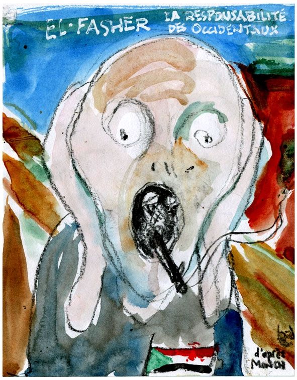 Le cri, de Munch, devant drapeau soudanais.  Dans la bouche des miliciens armés.