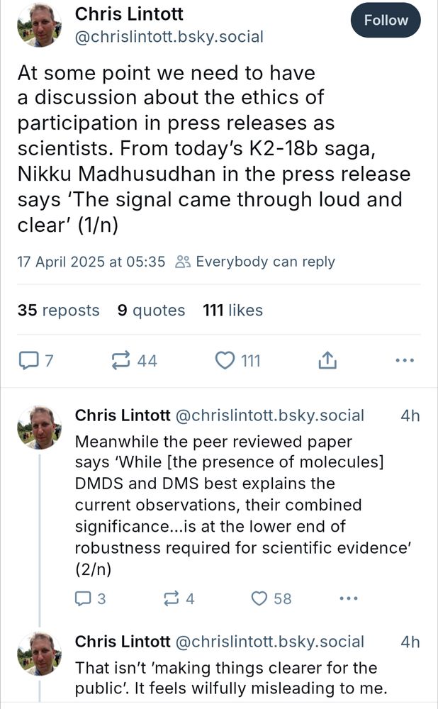 Text from Chris Lintott Bluesky posts, pointing out low robustness of the conclusions.