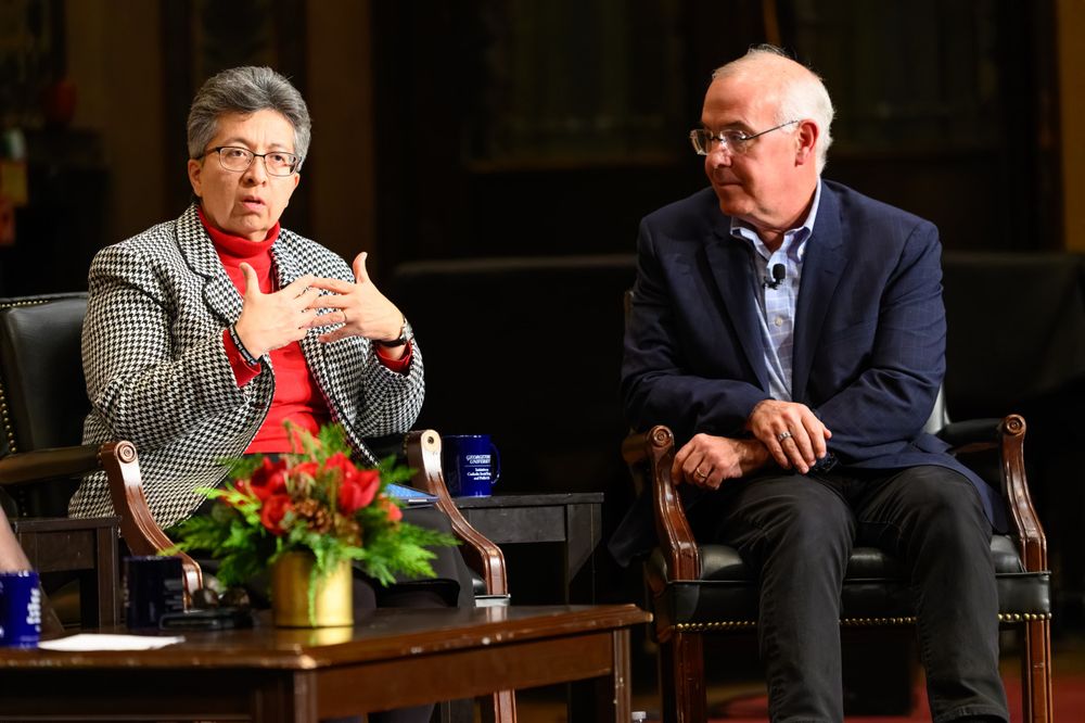 Sr. Teresa Maya and David Brooks at the Public Dialogue “What Do We Do Now? Catholic Responsibilities, Opportunities After the Election and Synod” hosted by the Initiative on Catholic Social Thought and Public Life.