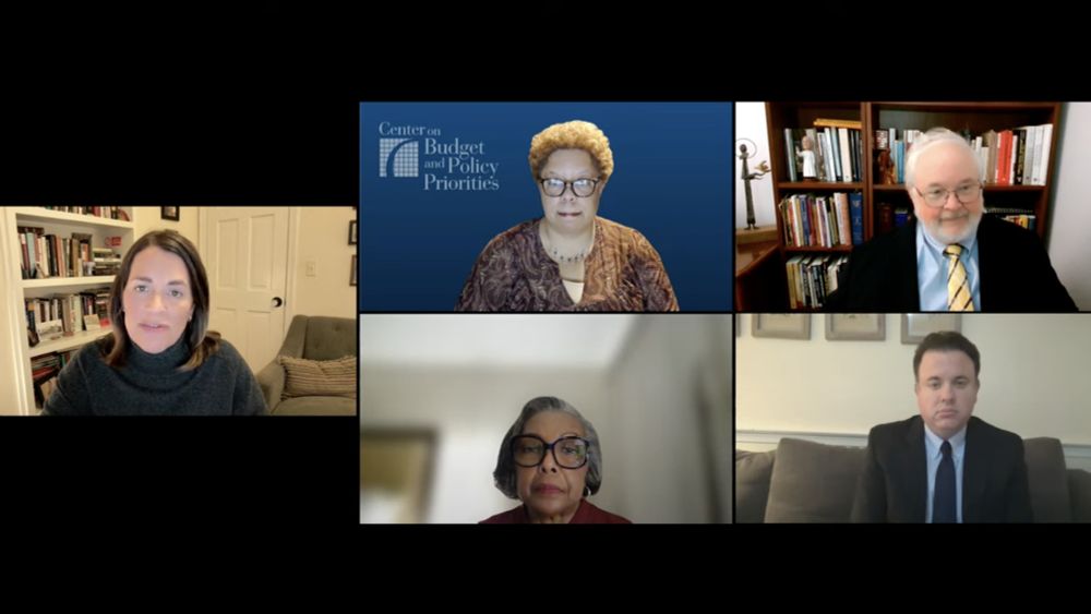 Participants in the January 29, 2025 Public Dialogue on “Budget Priorities and Tax Policies to Help Poor Children and Families: Protecting the Safety Net and Strengthening the Child Tax Credit.” Clockwise from top right: John Carr, Michael Strain, Sandra Jackson, Kim Daniels, and Peggy Bailey.