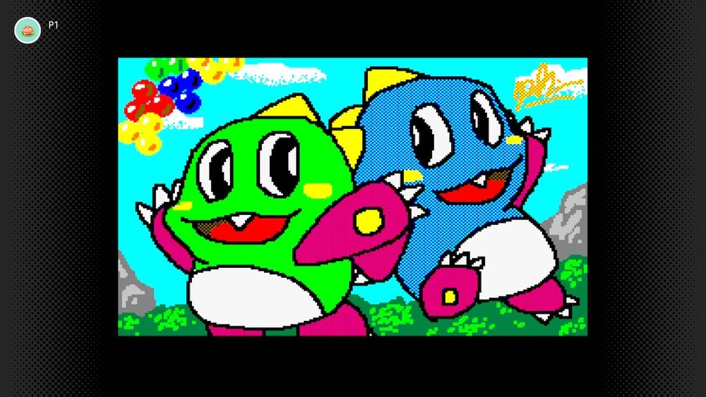 A digital Mario Paint illustration of Bub and Bob from the Bubble Bobble and Puzzle Bobble series. They are in front of a grass field with various mountains seen in the distance. A group of multi-colored bubbles are seen above Bub.