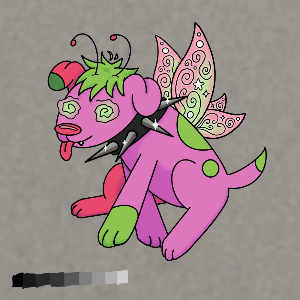 pink and green fairy puppy with dizzy eyes and a big spikey collar