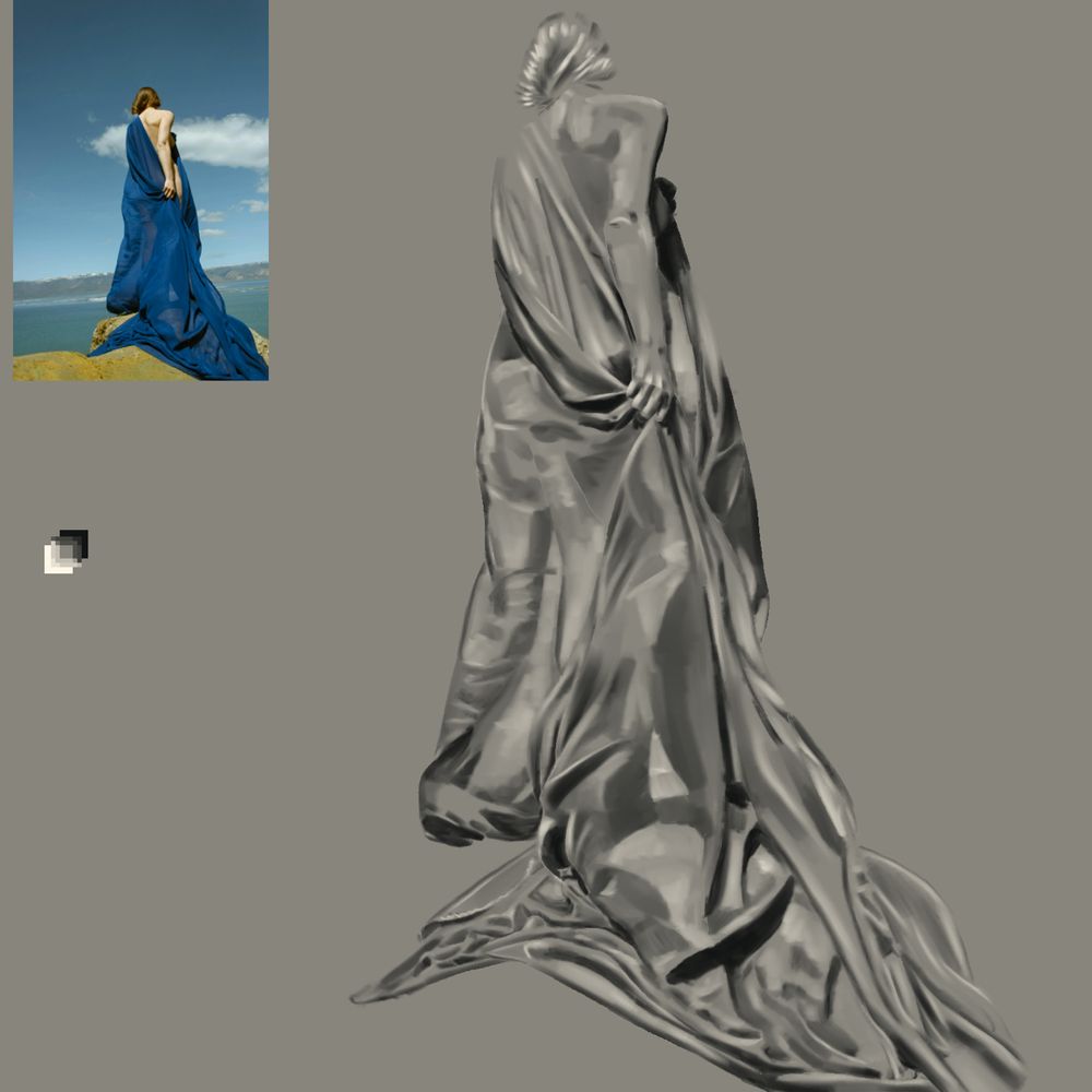 Upper left, a photo of a person wrapped in a long piece of cloth that is billowing slightly in the wind. Main, the same thing rendered in digital in near black and white, with an emphasis on the fold structure.