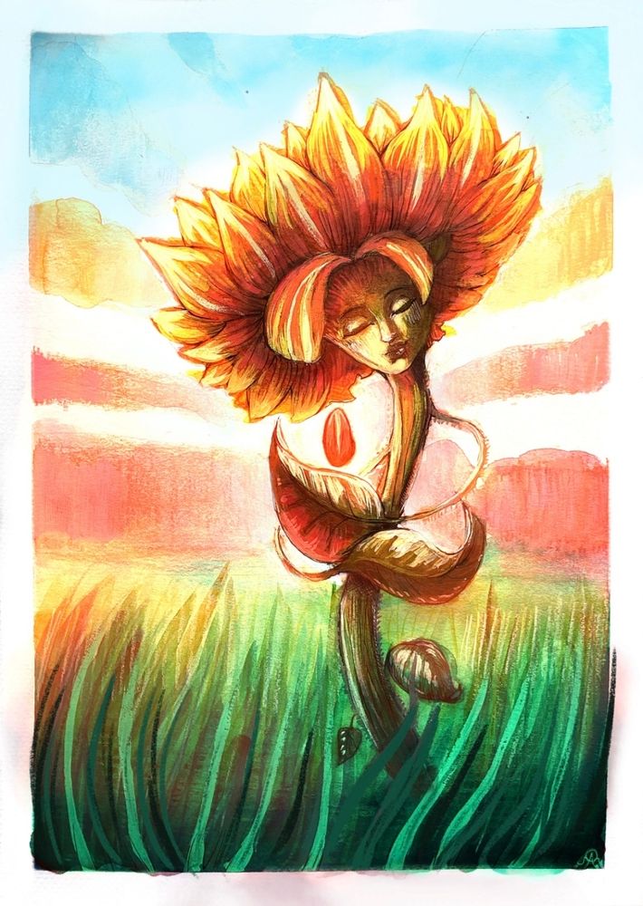 Una ilustración de un girasol acunando una pipa en mitad de una pradera mientras se pone el sol