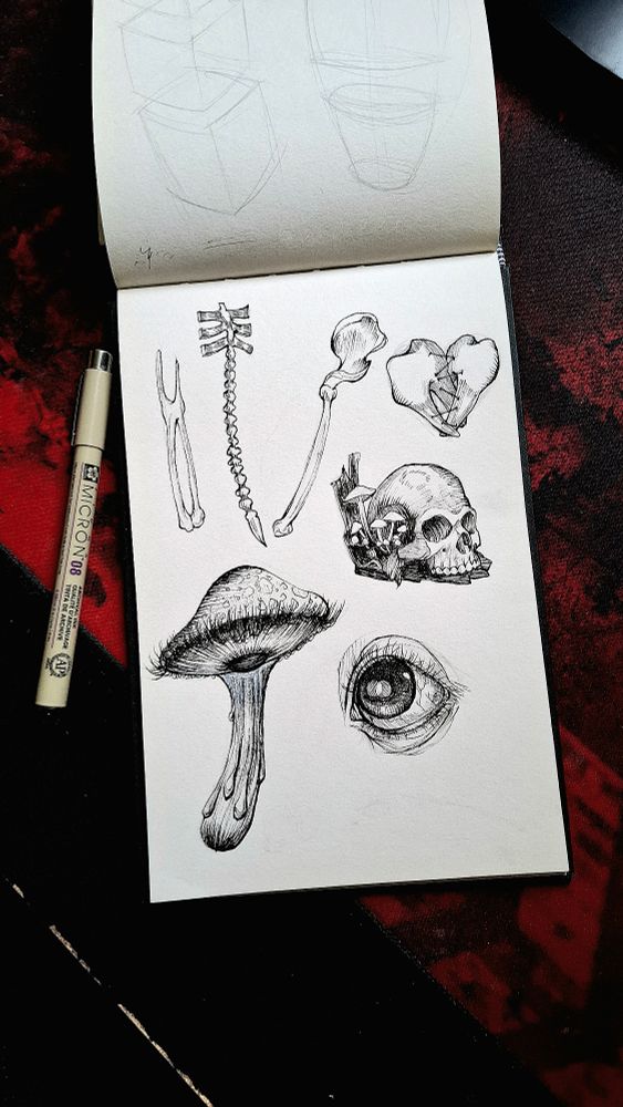 Un sketchbook con varios dibujos de ojos, huesos, calaveras, dientes... a tinta