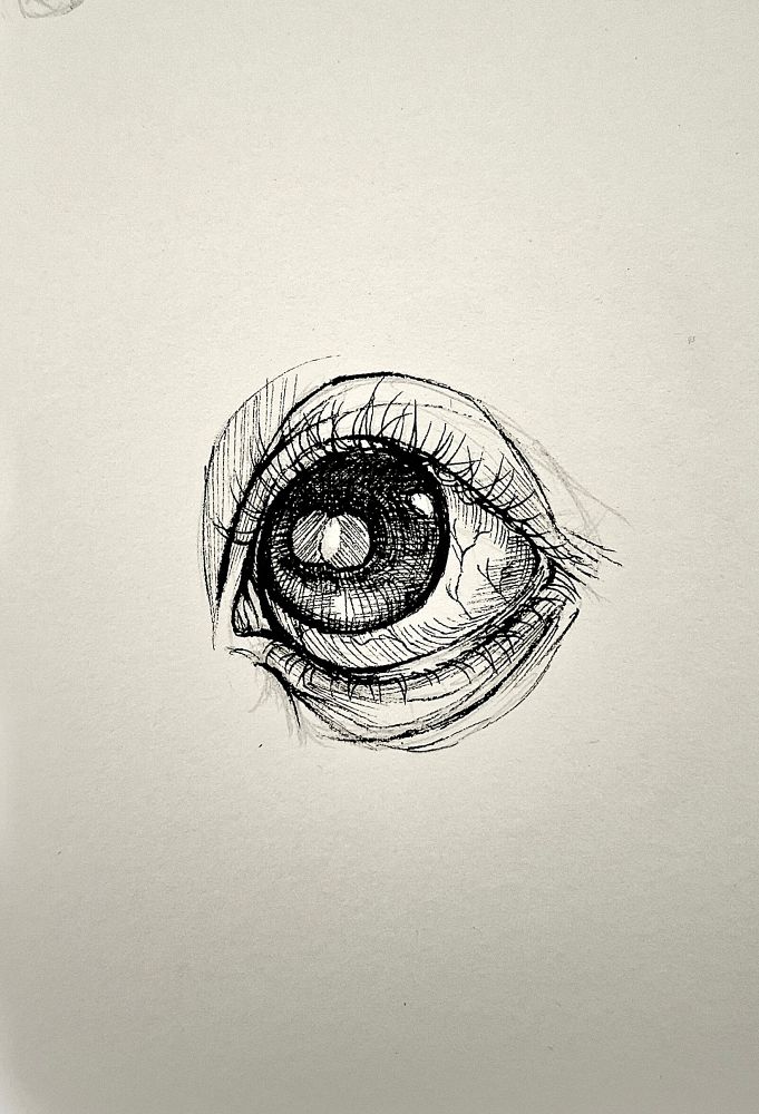 Dibujo a tinta de un ojo con dos pupilas que, al juntarse, se vuelven blancas