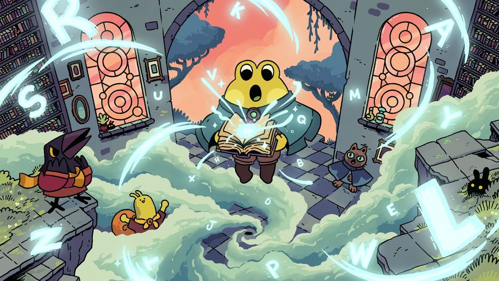 A promotional illustration for the upcoming game Spellomancer. In a woodland library, cartoon frog looks down in awe at an open spellbook, the pages releasing magical letters as the frog's animal friends watch in awe.