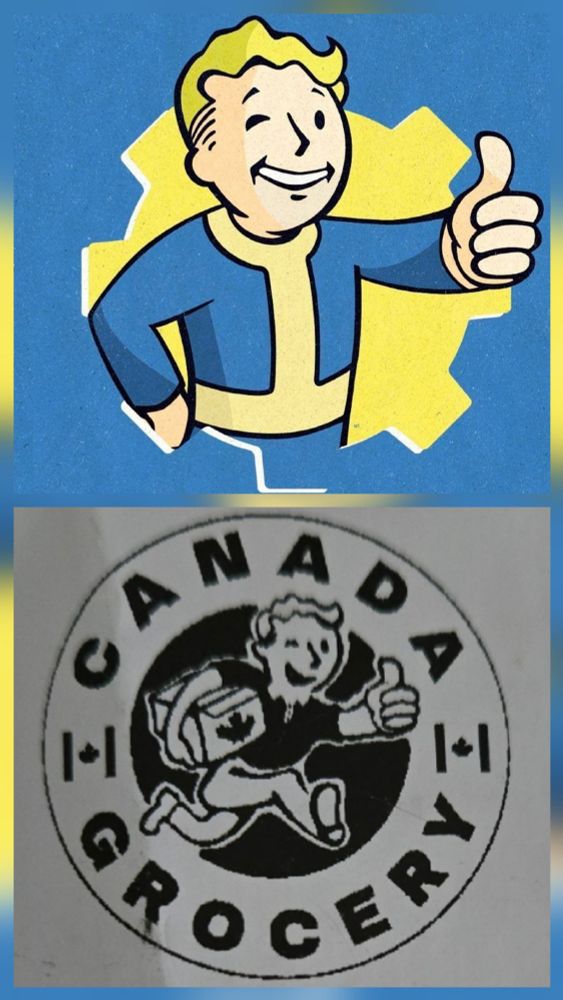 There are two pictures. The top image is an image of Vault Boy from the Fallout game series winking with his thumb up. Below is a graphic of Canada Grocery. The graphic is a circle with a man that's hold a package, running with his eye winked and thumb up. The image looks VERY similar to Vault Boy. 