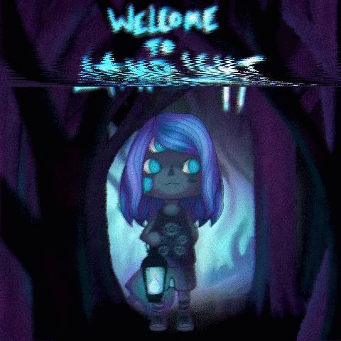 A gif of my animal crossing character that I've drawn. She is surrounded by thick wood, shaded in black and purple with a light blue/teal glow shining on them. The four-eyed character holds a lantern in front of them with a blue glowing Hitodama inside. An axe is hidden behind her back and he has an eerie, but friendly smile