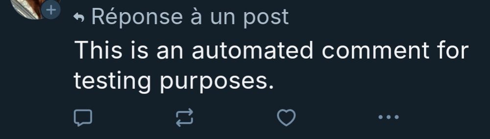 Cropped screenshot of a Bluesky post with "Response to a post" in French on top, and the text "This is an automated comment for testing purposes."