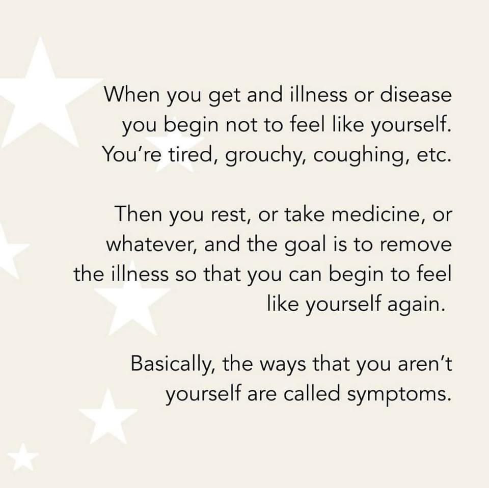 
When you get and illness or disease you begin not to feel like yourself. You’re tired, grouchy, coughing, etc.

 Then you rest, or take medicine, or whatever, and the goal is to remove the illness so that you can begin to feel like yourself again. 

Basically, the ways that you aren’t yourself are called symptoms.