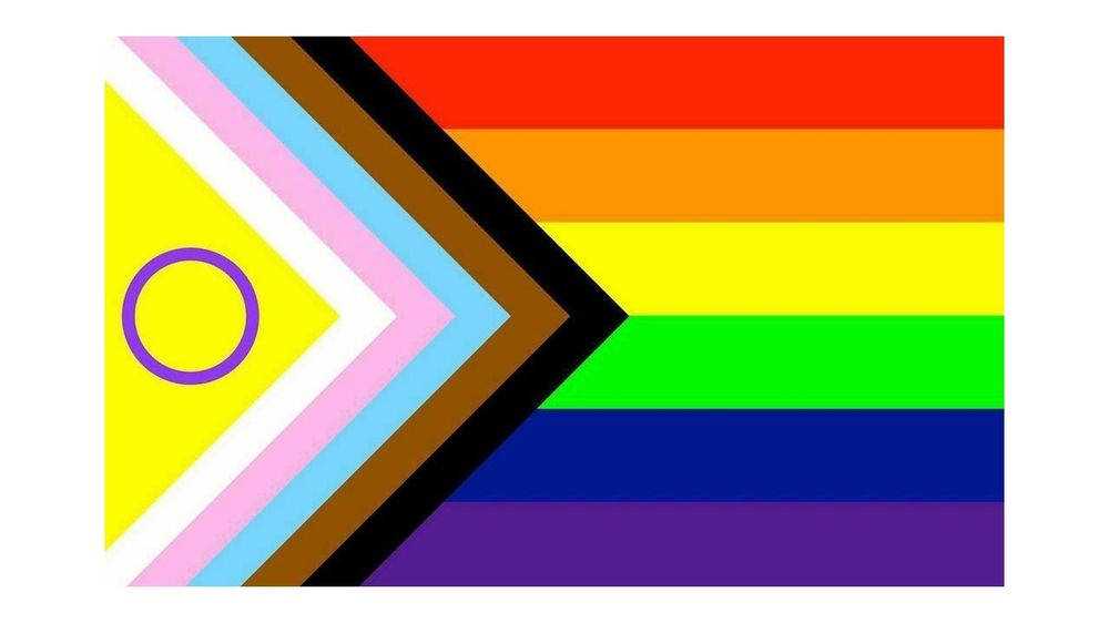 Progress LGBTQ flag. This flag features the classic rainbow stripes horizontally with red at the top and purple at the bottom. The left half of the flag contains a Chevron, starting with a yellow triangle with a purple circle for intersex folk, then white, pink, and blue representing the trans community, and finally brown and black for QPOC LGBTQ members.