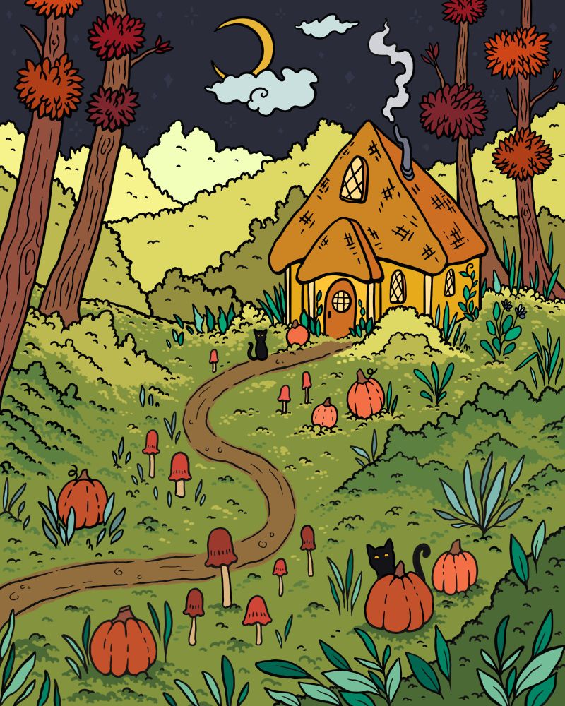 Digital illustration of a colorful autumn themed cottage in the woods, surrounded by black cats, pumpkins, and mushrooms 