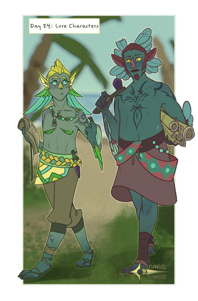 The text reads "Day 24: Lore Characters" and Features the skayven characters Iichi (left) and Ohh (right, both use he/him) They are walking on grass, and behind them is a beach and palm trees. 

Iichi has yellow green and blue plumage and blue eyes. He wears a beaded necklace that has a wooden vial of ink attached. He holds a notebook in his right hand and one of Ohh's plumage feathers as a quill in his left hand. On his left bicep, he has a tattoo of Aalo, the Skayvan God of non-living nature. He looks up at Ohh attentively as he walks.

Ohh holds a flint hatchet n his right hand and carries bamboo in is left arm. He has de-saturated red and blue feathers, that are more ruffled and messy than his partner. On his chest and biceps are tattoos with symbols of Ett the Goddess of death. He chats with Iichi.

They both have silver bands attached to their beak like noses and are covered in scars and bandages from adventuring.