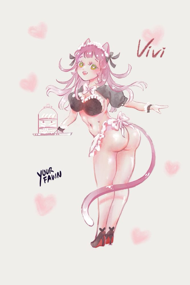 Ladypaprika’s sonas: a pink cat girl with green eyes and white tip tail in skimpy maid costume, showing her butt and servicing brunch