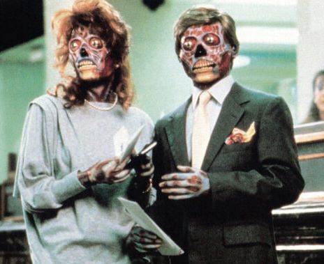 Early picture of Gislaine Maxwell and Donald Trump together. Just kidding, it’s an alien couple from the classic movie They Live, as seen with the revealing sunglasses on. So, you know, pretty much the same thing. No sympathy for Gislaine. 