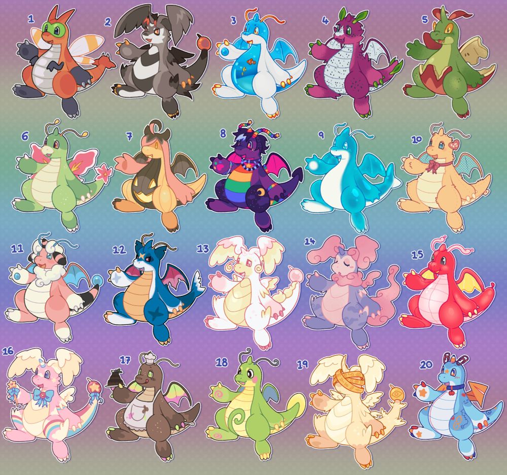Compiled image of 20 Dragonite designs.