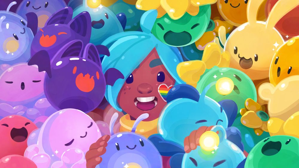 Illustration of a smiling Beatrix surrounded by a rainbow cascade of various slimes. A rainbow heart sticker adorns her cheek. Happy Pride!