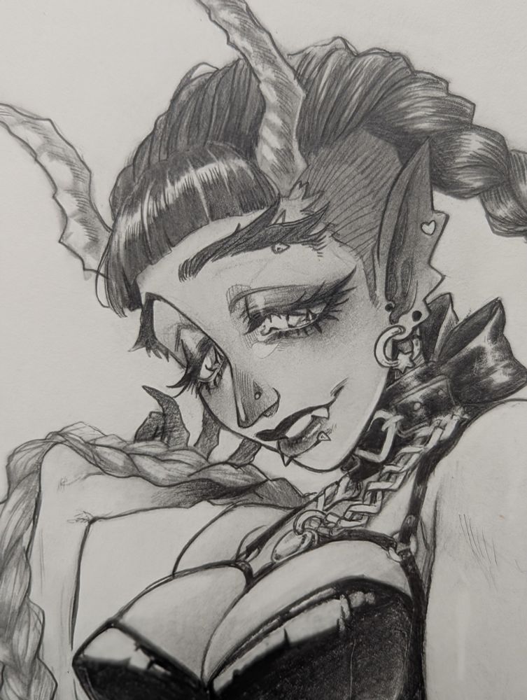 Pencil drawing of a dragon girl with sharp features and exaggerated, droopy eyes. She has a multitude of piercings and black strappy leather clothes 