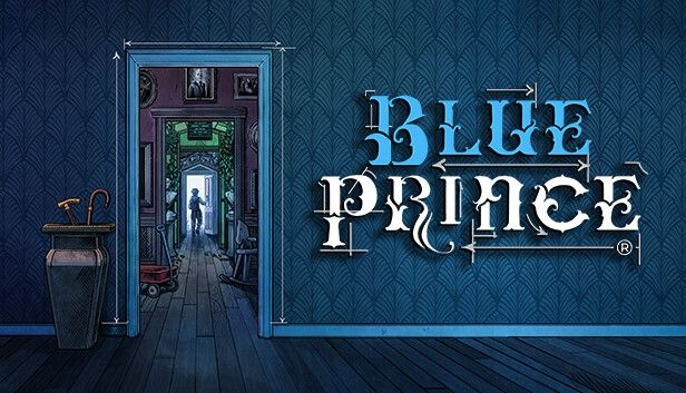 Key art of Blue Prince video game. The image shows the interior hallway of a house, with wooden floors. There is a door middle left of a wall, with the game title "Blue Prince" on the right side of the image. The door is opens to another hallway with more doors one after the other. At the end there is white light with the silhouette of the protagonist opening a door. 