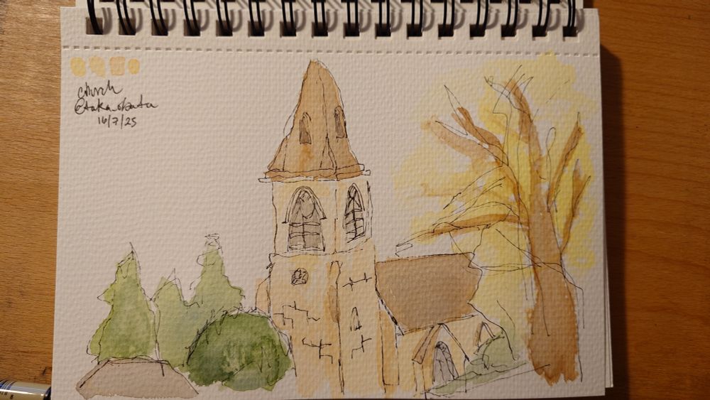 Watercolor sketch of an Anglican church with some pine trees on the left, and a large tree with yellow foliage on the right.