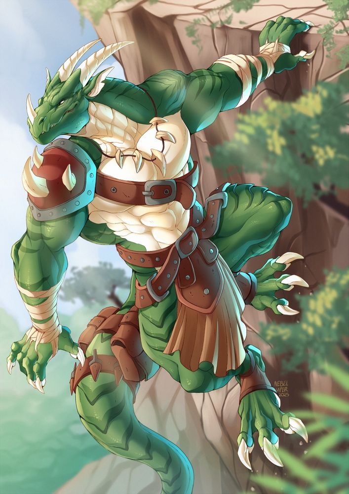green anthro dragon clinging on to a cliff, overlooking a big forest during a sunny day