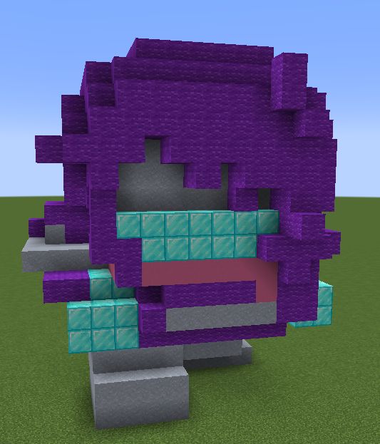 A cropped screenshot of the video game minecraft, showing a recreation of the HERO_SWORD figure. It's Kris, from the video game deltarune, in a pixelated style.