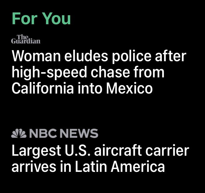 For You

The Guardian

Woman eludes police after high speed chase from California into Mexico

NBC NEWS

Largest U.S. aircraft carrier arrives in Latin America