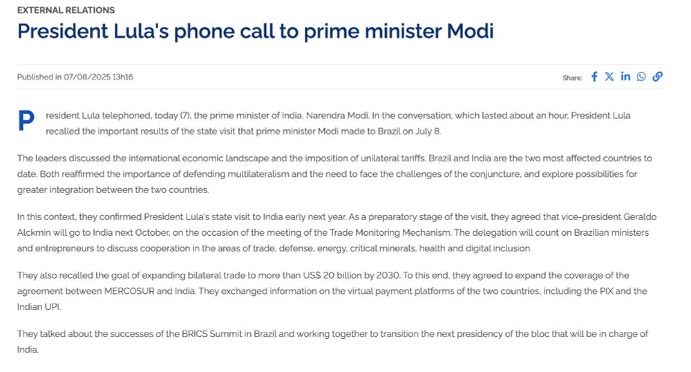 screenshot is machine translation of the Brazilian presidential press release in Portuguese (https://www.gov.br/planalto/pt-br/acompanhe-o-planalto/noticias/2025/08/telefonema-do-presidente-lula-para-o-primeiro-ministro-modi)