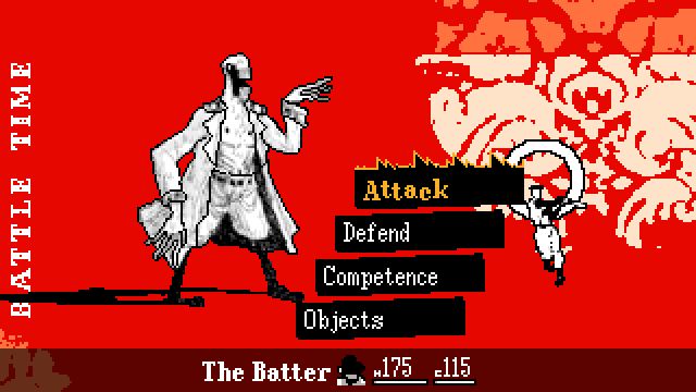 The Dedan battle screen from the game OFF—the Batter fights Dedan in turn-based combat against a bright red background. A clock animation appears in the interface to indicate how much time is left until Dedan performs a super-move. 