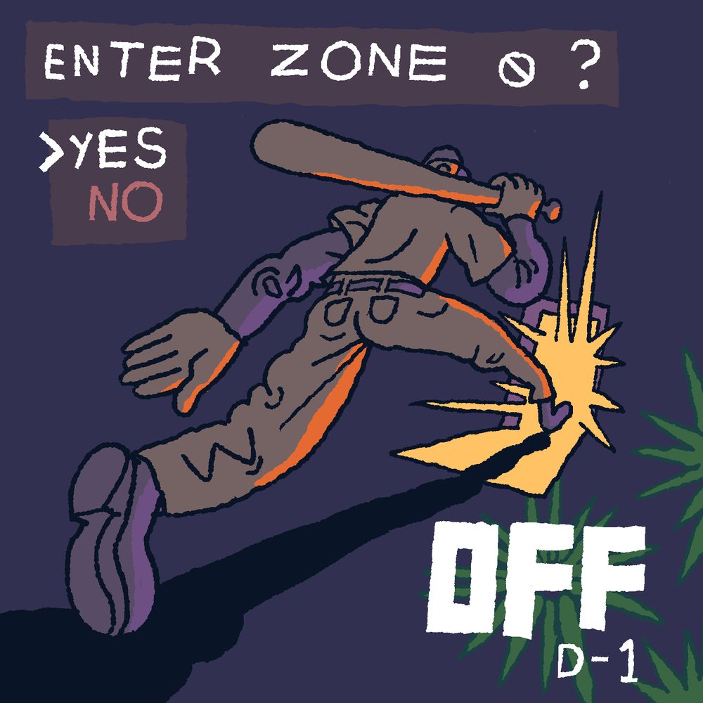 A drawing by Mortis Ghost featuring the Batter from OFF against a dark background. The Batter is stepping forward into a bright doorway. A game-like dialogue prompt is overlaid on the image and reads "Enter Zone 0?" with the "Yes" option highlighted.