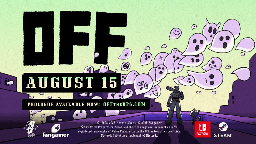 The key art from OFF featuring the Batter and the Judge on a purple building looking up at white ghosts against a light green sky. The text reads “OFF, August 15, Prologue available now: offtherpg.com”. 