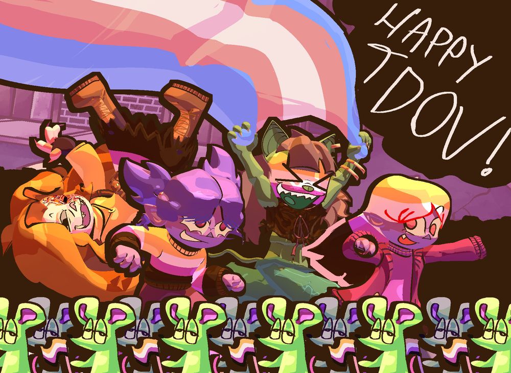 A render of the characters from "The LAST SODA On Earth" for Trans Day of Visibility. In the top right, it reads "HAPPY TDOV!" From left to right, we have: 
Aikido being tossed into the air, with their sweater and skirt donning nonbinary flag colors. 
Abu marching forward with a determined smirk, with their sweater donning nonbinary colored stripes. 
Alys running up ahead, holding a massive trans flag. Their face is painted with nonbinary flag colors. 
And Kae, with hair dyed to match the colors of the nonbinary flag, leading the charge. 
Beneath all of them is a bunch of rats, each holding their own little nonbinary flag.