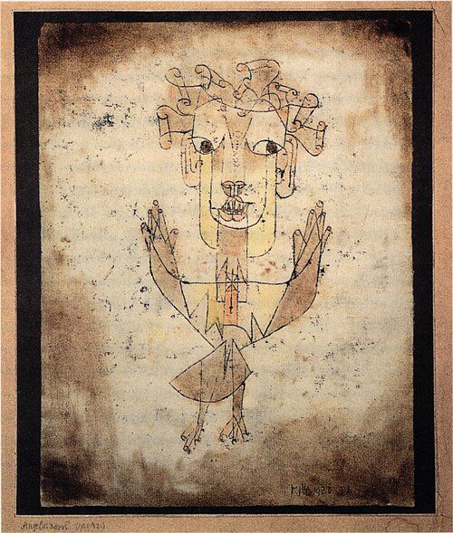 Angelus Novus by Paul Klee. Kind of a silly flat cartoon of an angel in a tutu upon which critical theory has apparently predicated an understanding of the sweep of history