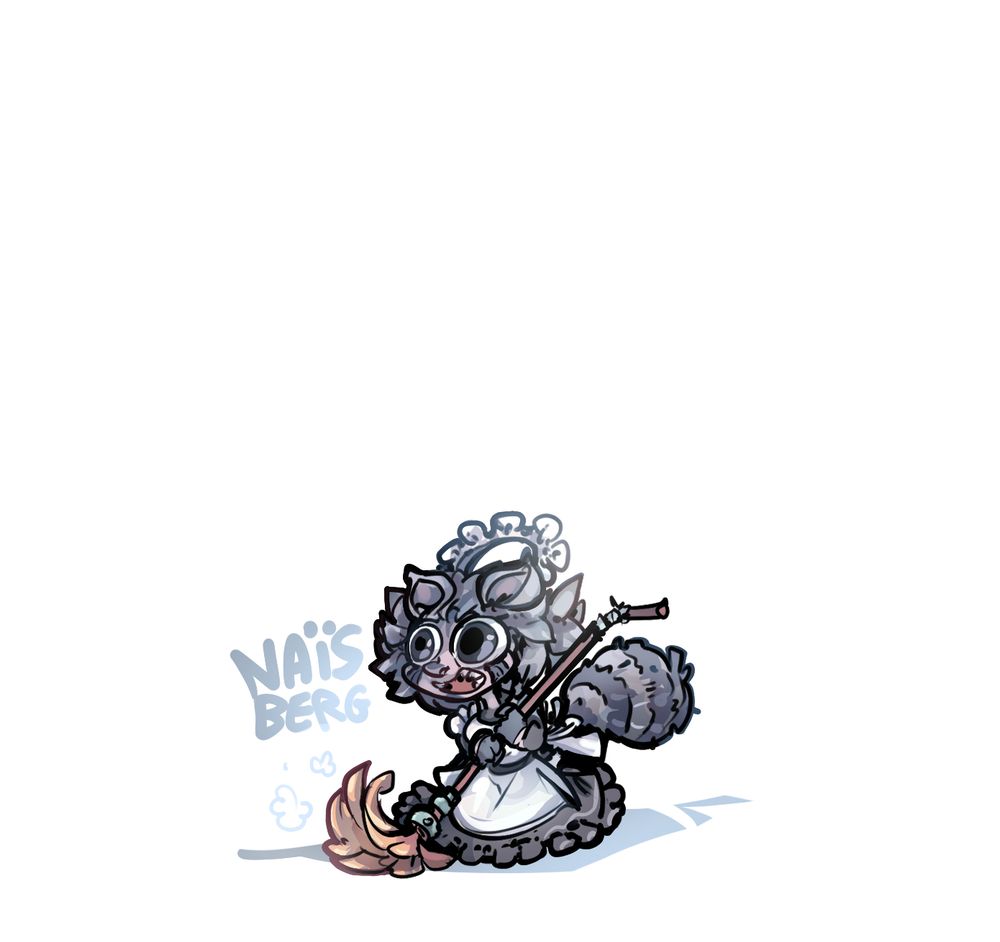 smol racoonfolk maid with dilated eyes going for your trash, no judgement but she looks way happier than you