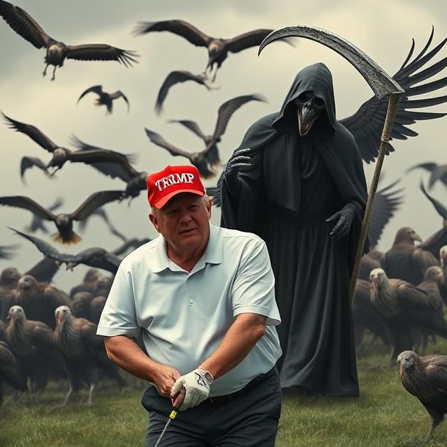 AI-generated image/hallucination of Trump playing golf, with the Grim Reaper and vultures behind him.