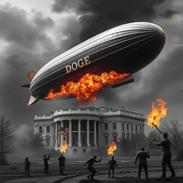 AI-generated image of a DOGE blimp on fire above the White House, with figures holding torches and an American flag.