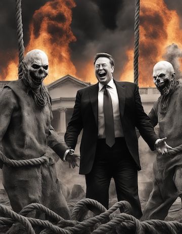 AI-generated hallucination of Elon Musk with two ghouls and ropes and a burning dystopian landscape.
