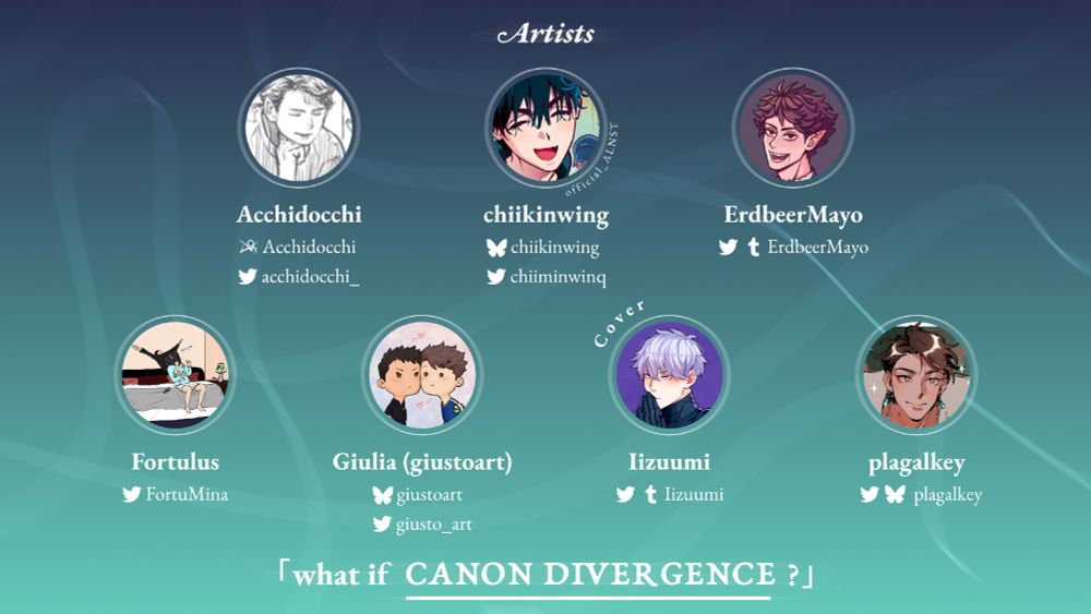 「what if CANON DIVERGENCE?」 Artists

Acchidocchi | chiikinwing | ErdbeerMayo

Fortulus | Giulia (giustoart) | Iizuumi | plagalkey
