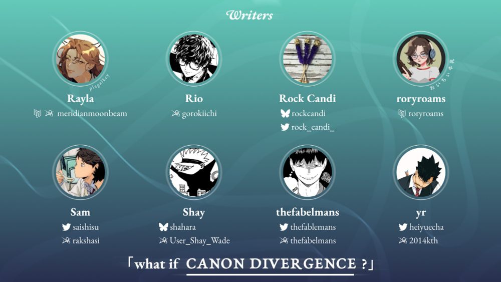 「what if CANON DIVERGENCE?」 Writers

Rayla | Rio | Rock Candi | roryroams

Sam | Shay | thefabelmans | yr
