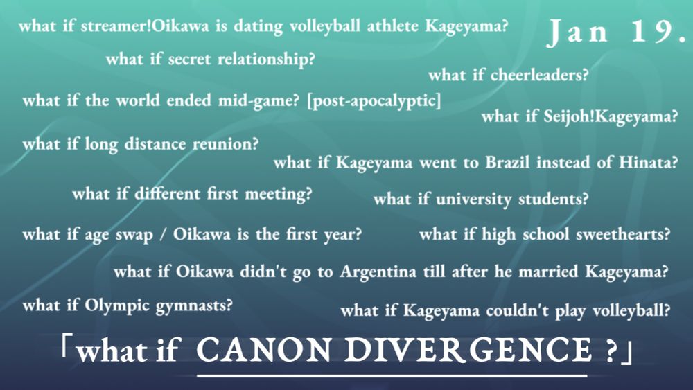 Graphic on teal-blue gradient background with multiple lines of 'what if' scenarios in white text. From top to bottom, left to right: 'what if streamer!Oikawa is dating volleyball athlete Kageyama?', 'what if secret relationship?', 'what if cheerleaders?', 'what if the world ended mid-game? [post-apocalyptic]', 'what if Seijoh!Kageyama?', 'what if long distance reunion?', 'what if Kageyama went to Brazil instead of Hinata?', 'what if different first meeting?', 'what if university students?', 'what if age swap / Oikawa is the first year?', 'what if high school sweethearts?', 'what if Oikawa didn't go to Argentina till after he married Kageyama?', 'what if Olympic gymnasts?', 'what if Kageyama couldn't play volleyball?'. Larger text on top right and bottom reads 'Jan 19.' and '「what if CANON DIVERGENCE?」' respectively. 