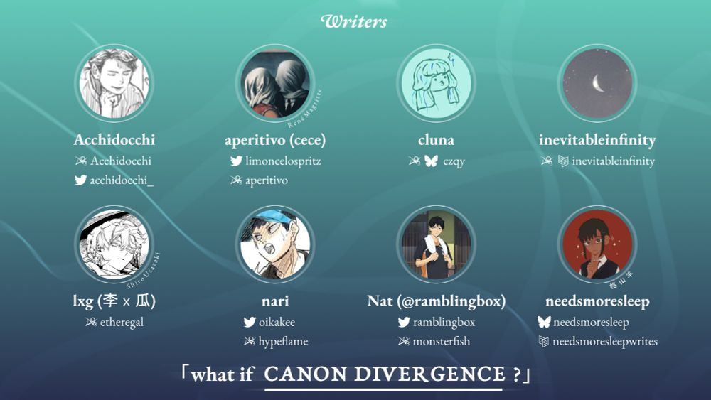 「what if CANON DIVERGENCE?」 Writers

Acchidocchi | aperitivo (cece) | cluna | inevitableinfinity

lxg (李ｘ瓜) | nari | Nat (@ramblingbox) | needsmoresleep