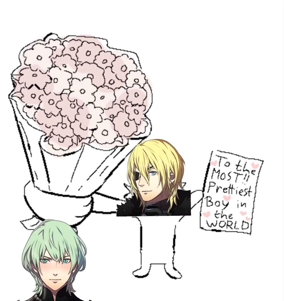 dimitri from fe3h holding a bouquet and note that reads “the the most prettiest boy in the world.” male byleth is in the background blushing. 