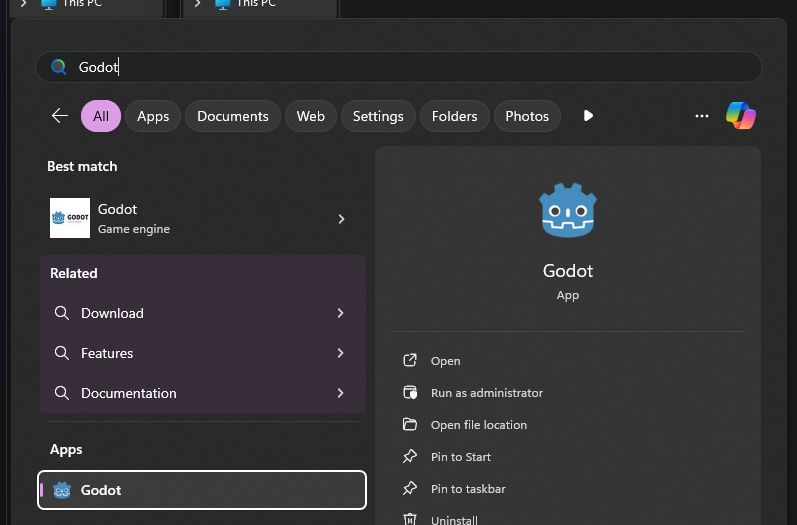 Windows search for Godot showing web results for Godot despite Godot being installed

Clicking the web result opens in Microsoft Edge to a search result from Bing. Not my default engine and not my default browser.
