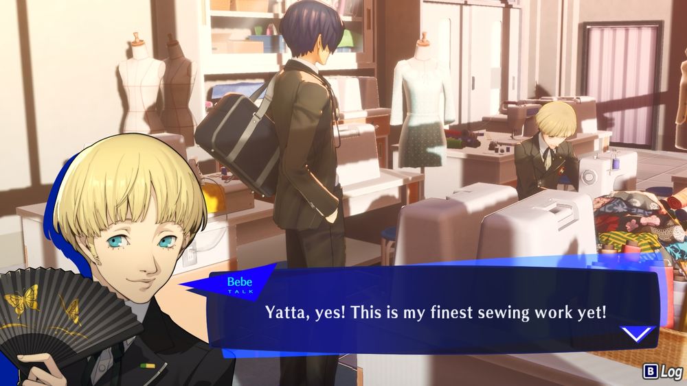 Bebe saying, "Yatta, yes! This is my finest sewing work yet!"