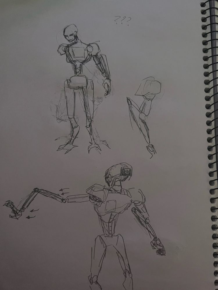 Sketches of a design for my original superhero world. It’s a robot with extendable arms that have an extra joint 