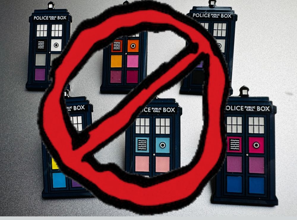 A series of pride flag police boxes with a crossed out symbol on top. 