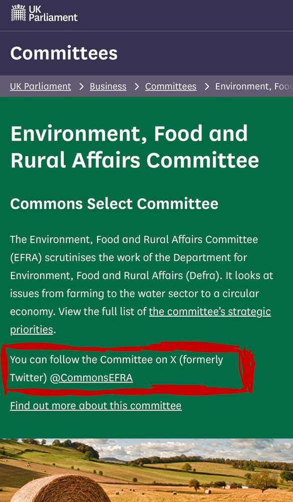 Screenshot of environment food and rural affairs committee advertising their Twitter handle. 