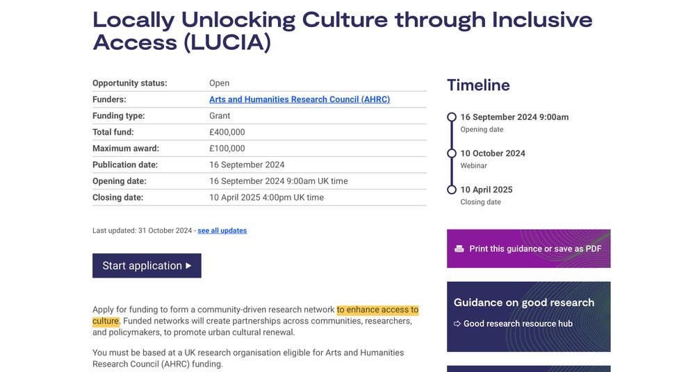 Screenshot: Apply for funding to form a community-driven research network to enhance access to culture. Funded networks will create partnerships across communities, researchers, and policymakers, to promote urban cultural renewal.

You must be based at a UK research organisation eligible for Arts and Humanities Research Council (AHRC) funding. 