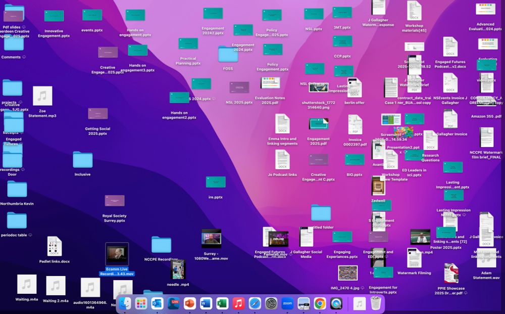 A desktop with dozens of icons, documents and folders scattered across the screen. 